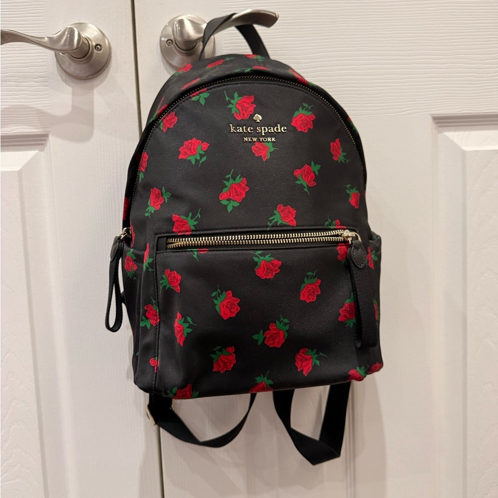 Kate Spade Black Backpack with Red Floral Pattern